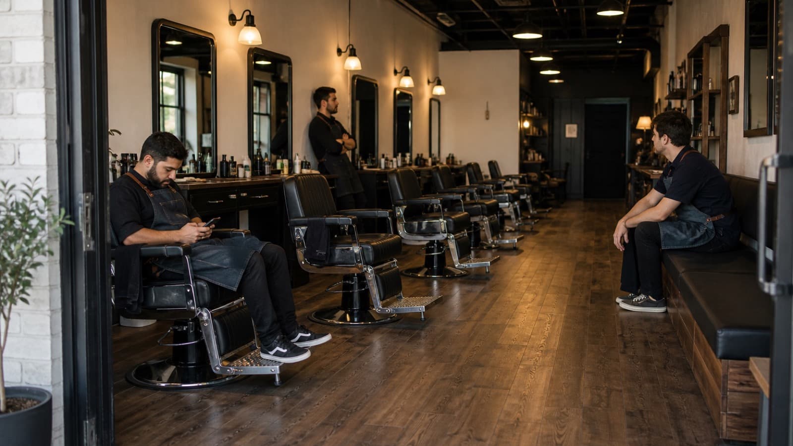 Barbers waiting in a clean, open barbershop with no customers, one scrolling his phone in a barber chair, another leaning on his station