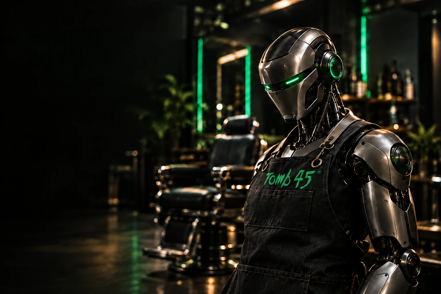 The Upgrade robot barber wearing a Tomb45 apron